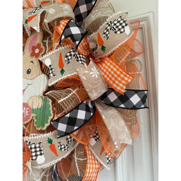Bunny Rabbit Carrot Welcome Buffalo Check Mesh Ribbon Spring Easter Wreath - Picture 5 of 8